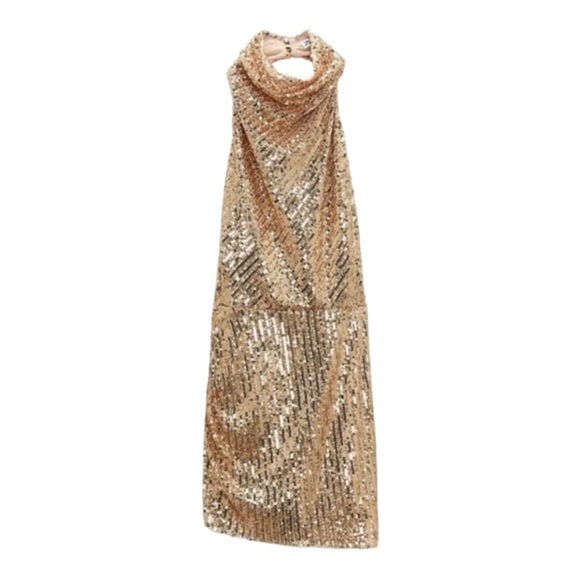 Zara gold sequin open back semi sheer halter blogger favorite mini dress size XL - Picture 3 of 13